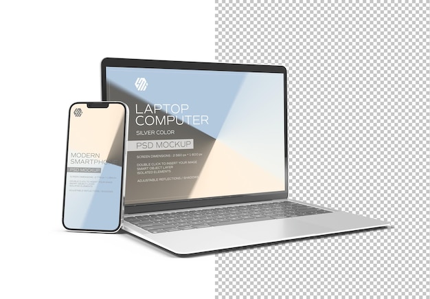 PSD mobile phone and laptop isolated on white mockup