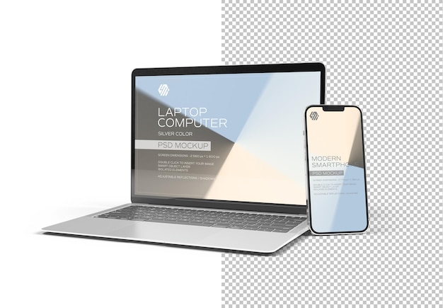 Mobile phone and laptop isolated on white Mockup