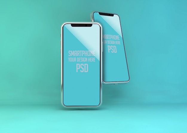 Mobile phone mock up on blue pastel wall