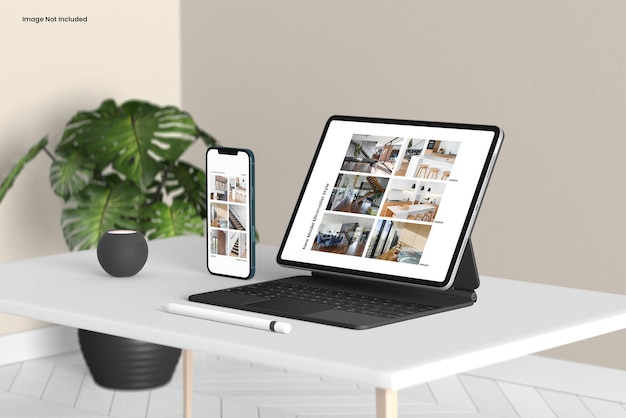 Mobile phone and tablet with keyboard on the table