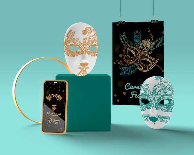 Mobile with carnival ad and masks