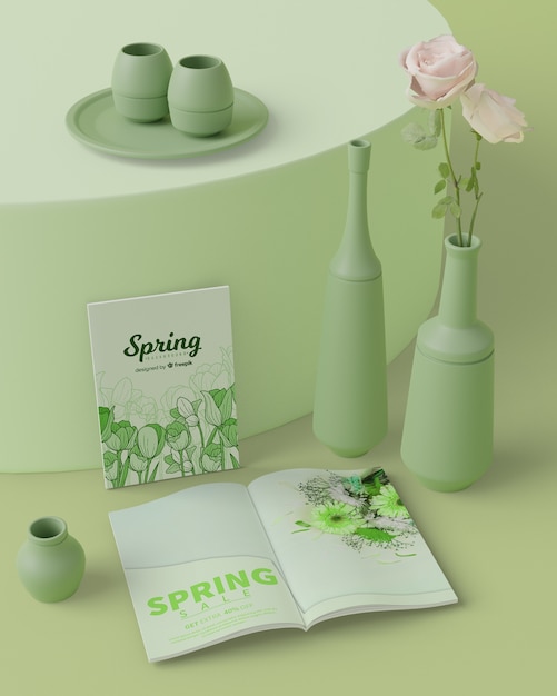 Mock-up 3d spring decorations on table