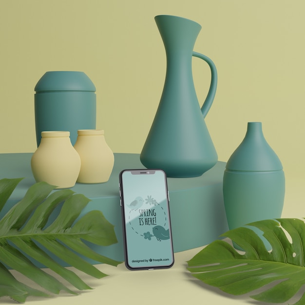 PSD mock-up 3d vases for flowers with phone