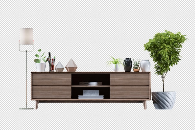 Mock up cabinet in modern living room with leather armchair and plant lamp on white wall background