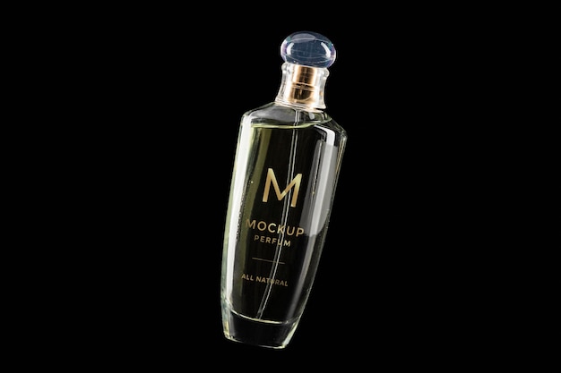 Mock-up of clear bottle of perfume on black background