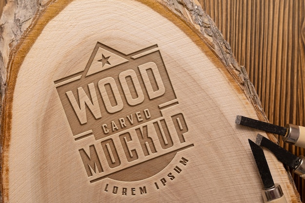 Mock-up logo with engraved effect on wood and tools