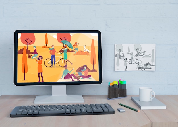 PSD mock-up monitor with colorful draw