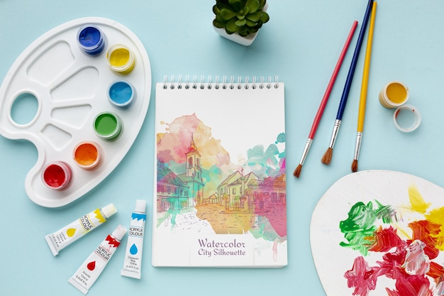 Mock-up notebook with watercolors