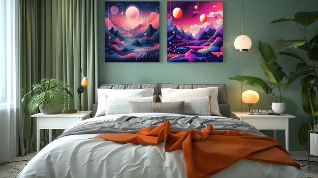 PSD mock up poster bad room with rainbow color background wall 3d render 3d illustration