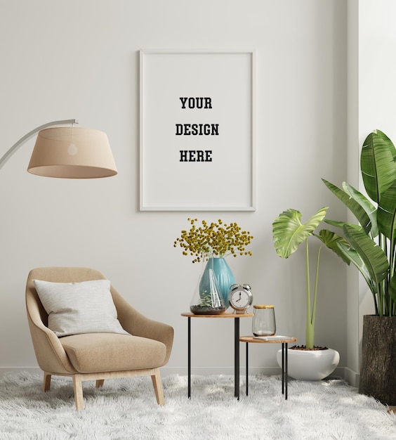 Mock up poster frame on empty wall in living room interior with velvet armchair.3D rendering