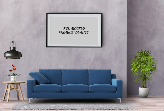 Mock up poster frame in interior living room and sofa, 3D render