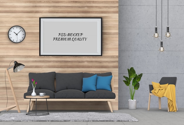 Mock up poster frame in interior living room and sofa, 3D render