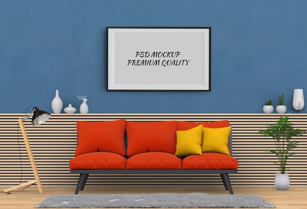 Mock up poster frame in interior living room and sofa, 3D render