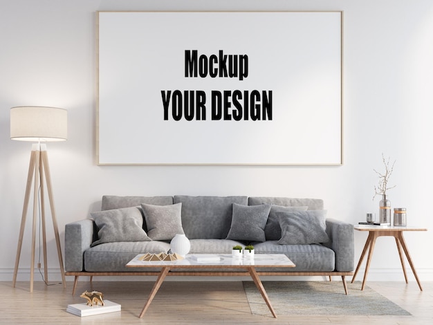 mock up poster frame in modern interior background living room Scandinavian 3D render