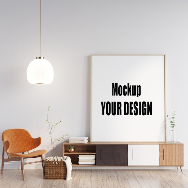 mock up poster frame in modern interior background living room Scandinavian 3D render