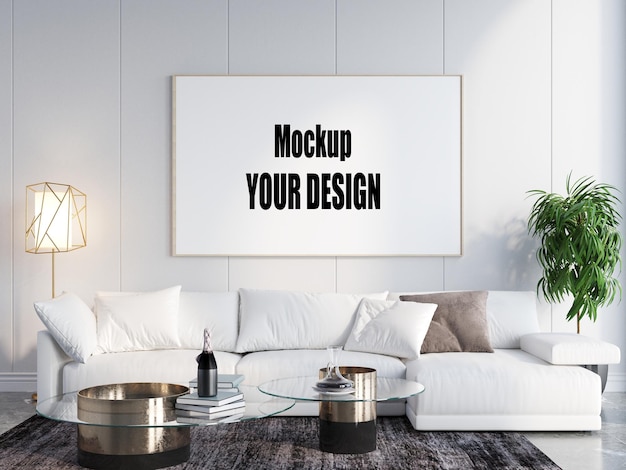 mock up poster frame in modern interior background living room Scandinavian 3D render