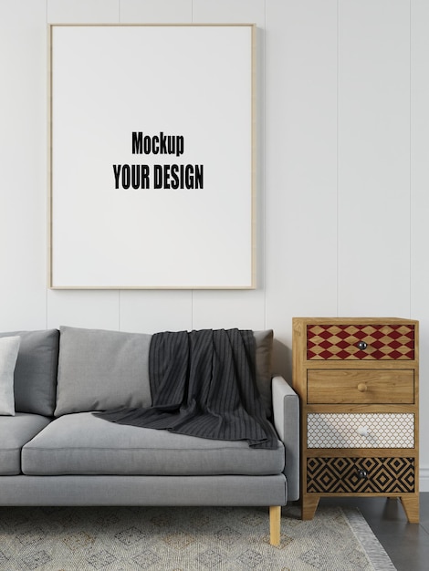 mock up poster frame in modern interior background white sofa wood floor, living room, Scandinavian