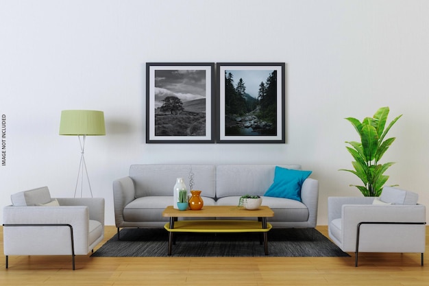 Mock up poster in modern living room interior design with empty wall