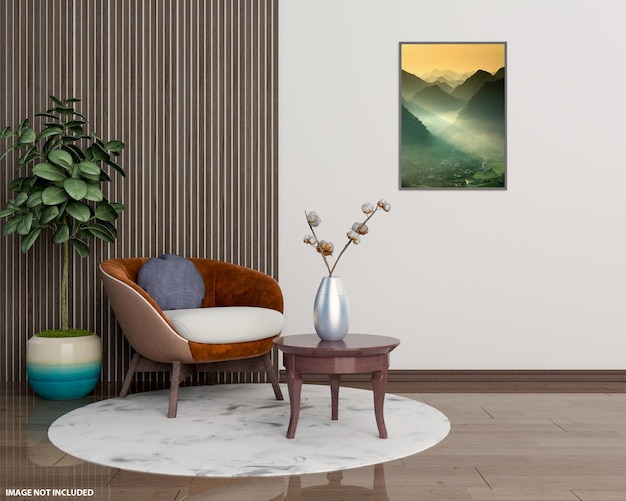 Mock up poster in modern living room interior design with empty wall