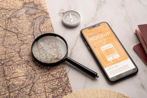 Mock-up smartphone with travel map and compass