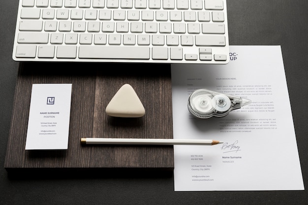 Mock-up stationery on wood arrangement