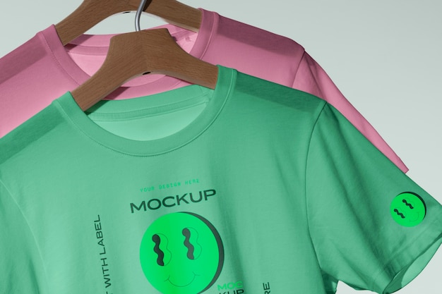 Mock-up t-shirt hanging on wooden hanger