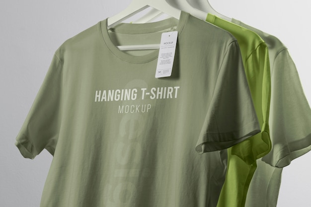 Mock-up t-shirt with tag hanging on wooden hanger