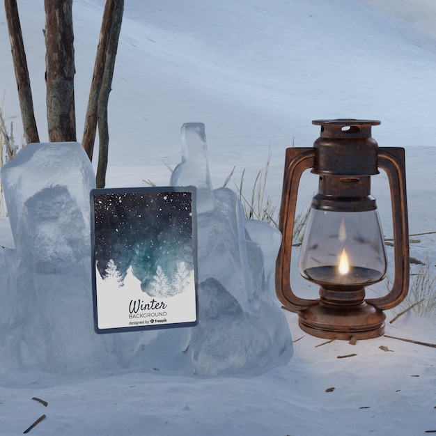 Mock-up tablet beside lantern