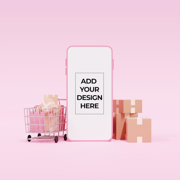 PSD mockup 3d mobile phone surrounding by shopping cart and boxes package