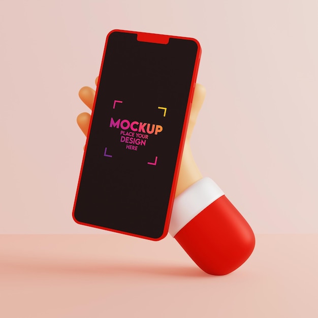 Mockup 3d smartphone with cute cartoon hand