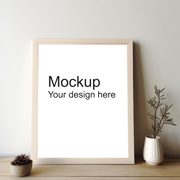 Mockup of beige frame for poster or picture on table with two potted flowers