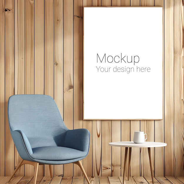 Mockup of beige frame for poster or picture on wall in living room