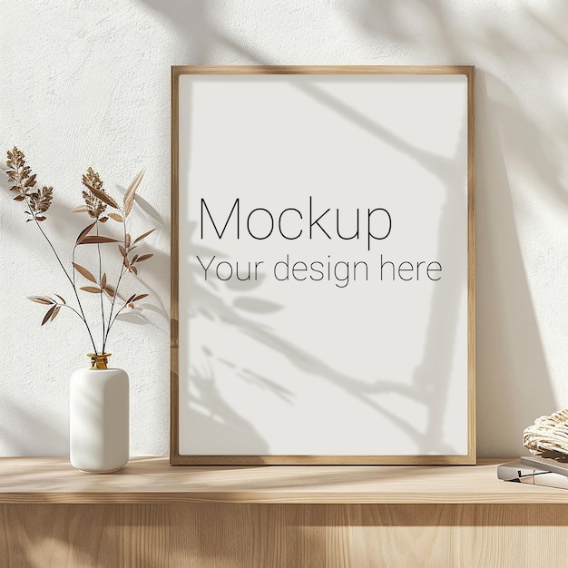 Mockup of beige frame for poster or picture with shadow on table with potted flower