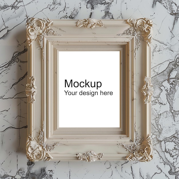 Mockup of beige marble frame for poster or picture on marble wall