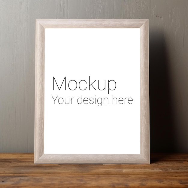 Mockup of beige wooden rectangular frame for poster or picture on floor or on steel