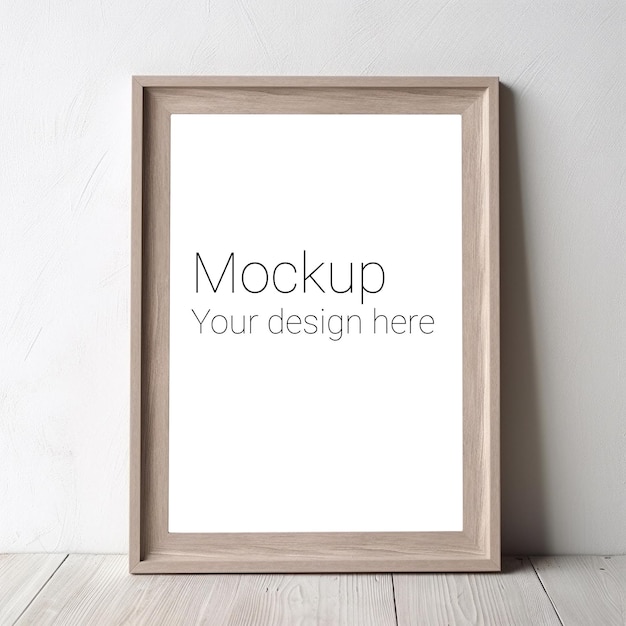 Mockup of beige wooden rectangular frame for poster or picture on floor or on steel