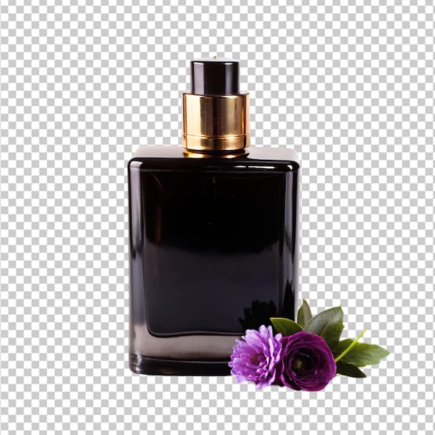 PSD mockup of black fragrance perfume bottle on transparent background