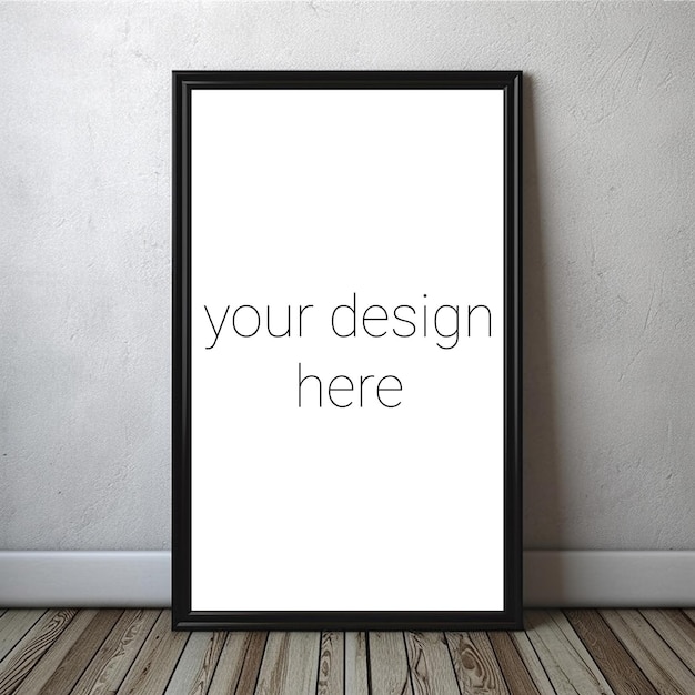 Mockup of black frame for photographs or images standing on wooden floor against white wall