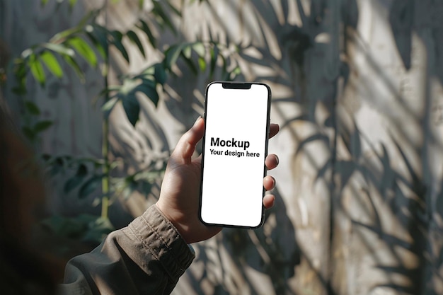 Mockup of black smartphone in hand with plants background