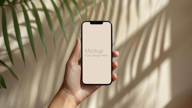 Mockup of black smartphone in hand with plants background