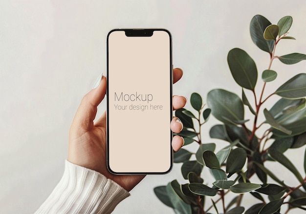 Mockup of black smartphone in hand with plants background