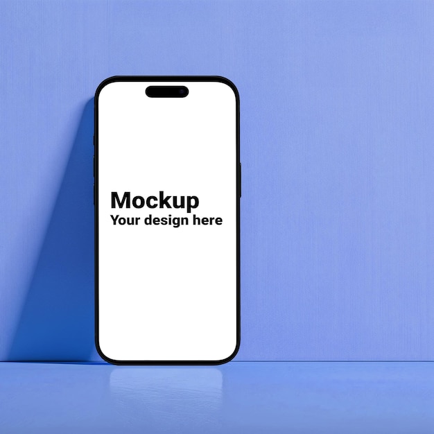 Mockup of black smartphone similar to iphone 15 on blue background