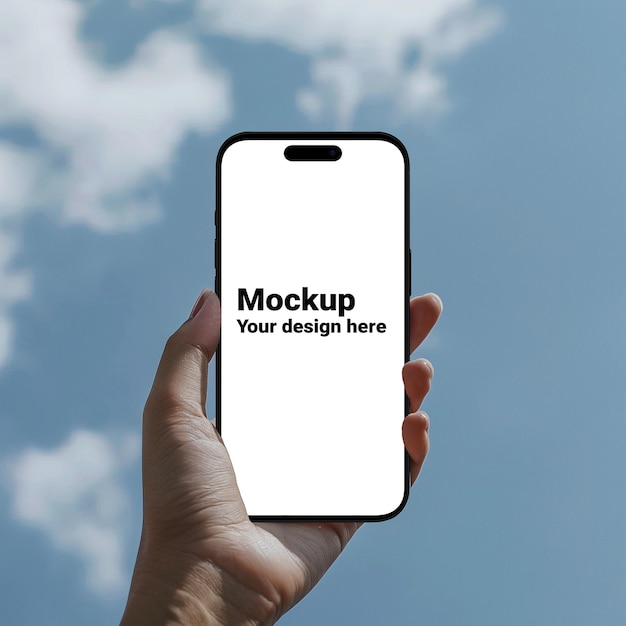 Mockup of black smartphone similar to iphone 15 in hand on blue sky background