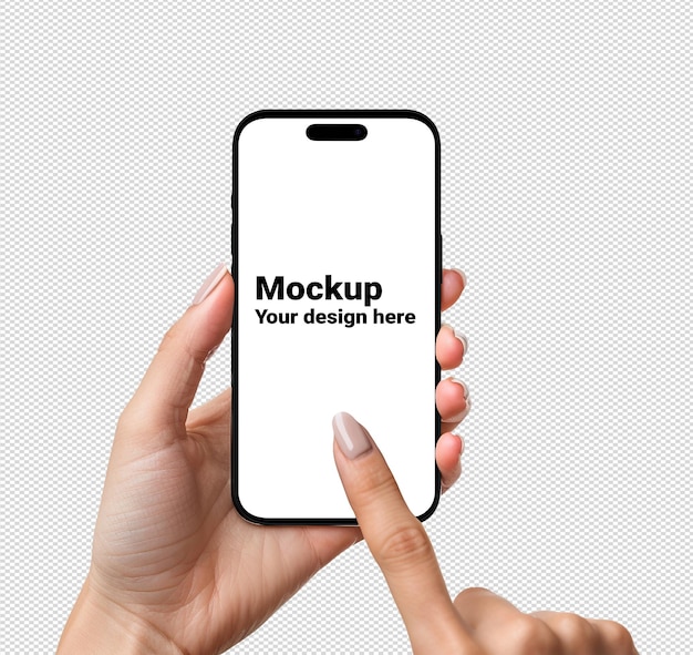 Mockup of black smartphone similar to iphone 15 in hand without background