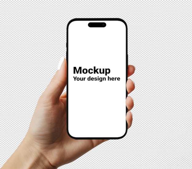 Mockup of black smartphone similar to iphone 15 in hand without background