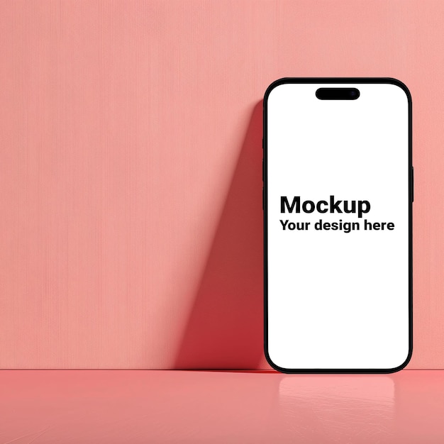 Mockup of black smartphone similar to iphone 15 on pink background