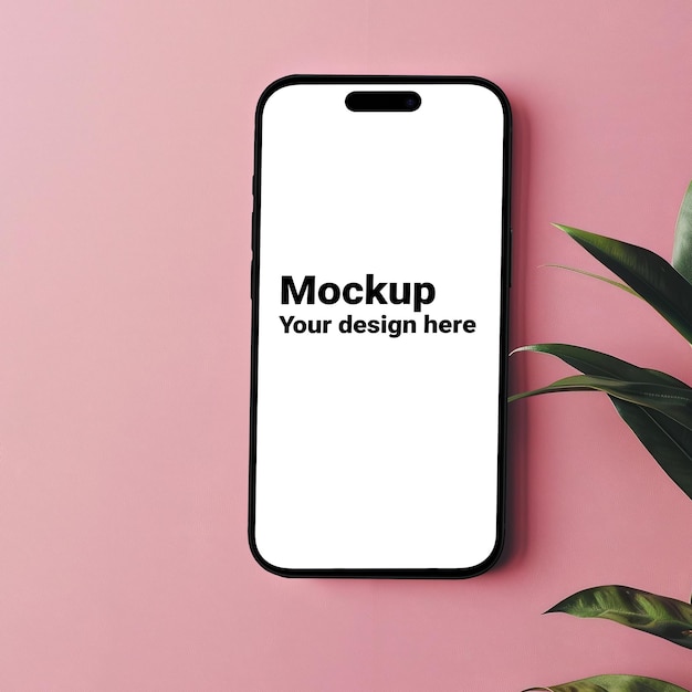 Mockup of black smartphone similar to iphone 15 on pink background