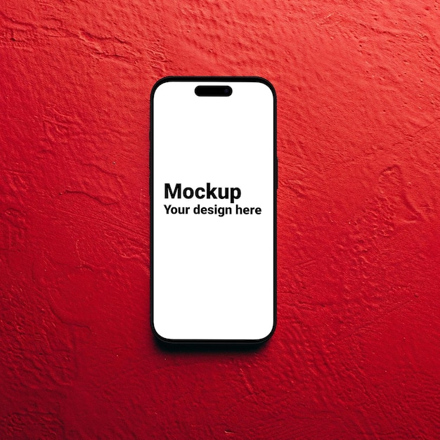 Mockup of black smartphone similar to iphone 15 on red background