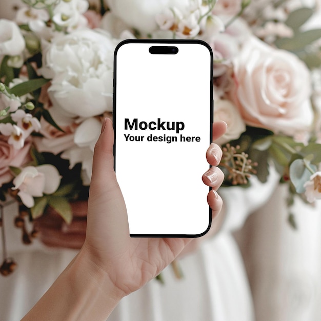 Mockup of black smartphone similar to iphone 15 in womans hand on flowers background