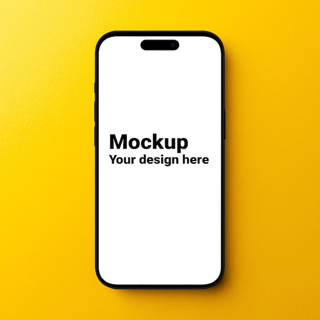 Mockup of black smartphone similar to iphone 15 on yellow background